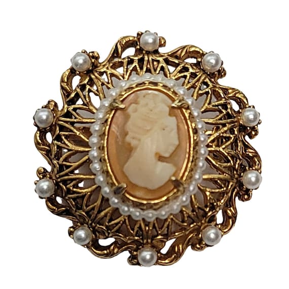 Florenza Gold-Tone Carved Shell Enamel Faux Pearl Brooch Pendant, Signed