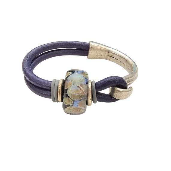 Sterling Silver Leather Purple Chunky Lamp Work Art Glass Bead Bracelet, J517