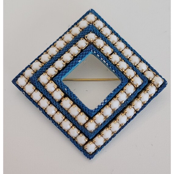 Blue Enamel White Milk Glass Rhinestone Square, Rectangle Open Brooch K146