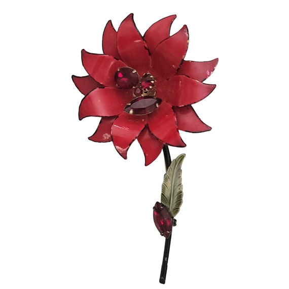 Francois Red Enamel Rhinestone Metal Stemmed Flower Brooch, Signed E957