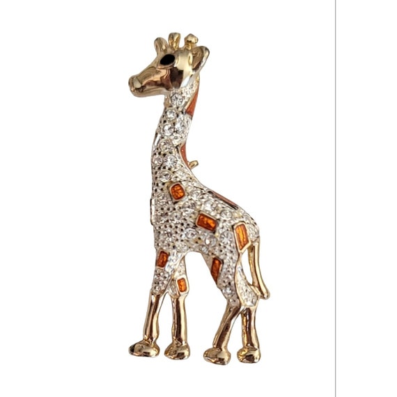 Roman Orange Enamel Clear Rhinestone Giraffe Brooch, Signed M250