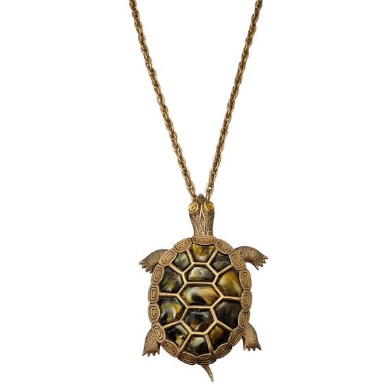 Turtle Pendant Necklace Large Formed Resin, Glass Cab Eye Articulated L578