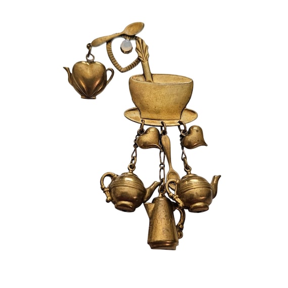 Tea Cup Coffee Pot Charm Brooch Chain Heart Pin L868