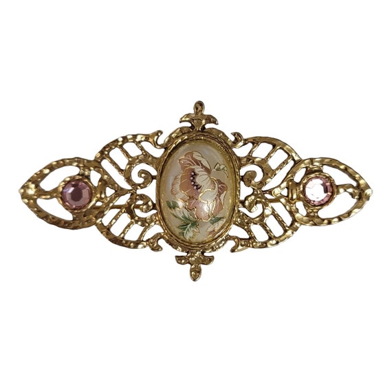 1928 Brand Pink Rhinestone Faux Pearl Filigree Bar Pin E107