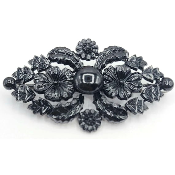 Czechoslovakia Jet Glass Molded Mourning Brooch Pin