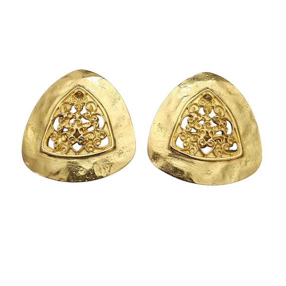 Gold Tone Triangular Clip On Center Filigree Earrings C724