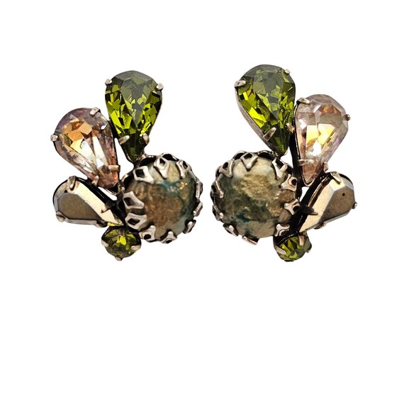 Regency Clip On Green Rhinestone, Givre Baroque Faux Pearl Earrings C882