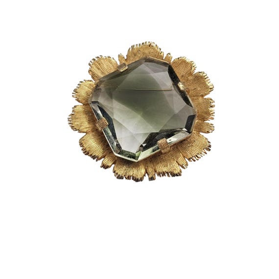 Emmons Gold Tone Chunk Smoky Green Givre Brooch Flower Pin Signed, C934