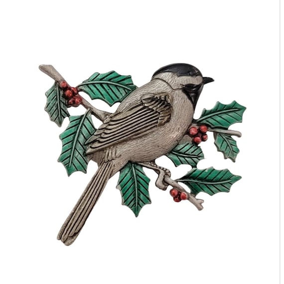 JJ Jonette Silver Tone Red Holly Berry Chickadee Bird Pin Brooch, Signed K565
