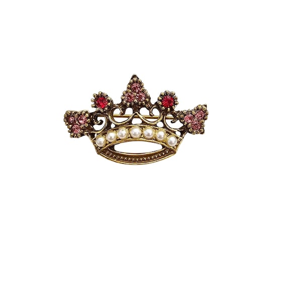 Accessocraft  Small Pink Red Rhinestone Crown Brooch Faux Pearl Pin Signed, C994