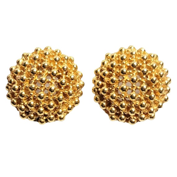 Ciner Gold-Tone Hobnail Round Domed Button Clip On Earrings, Signed