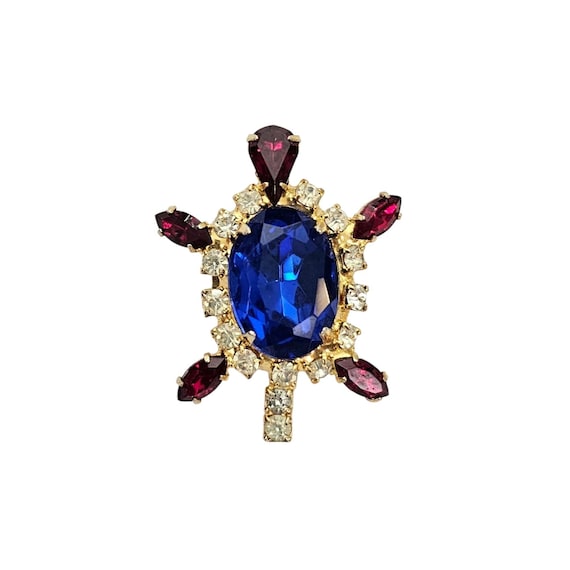 Red Blue Vintage Turtle Brooch, Clear Rhinestone Pin