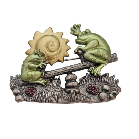 DD Darling Dash Dominic Avellino Green Frogs On See Saw Brooch Pin, Signed E954