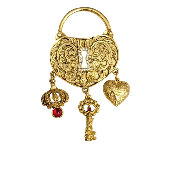 Gold Tone Rhinestone Lock, Heart Crown Key Charms Brooch, Designer Style M481