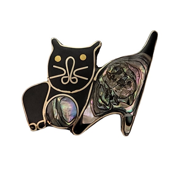 Signed Alpaca Mexico Silver Abalone Shell Inlay Black Enamel Cat Brooch Pin K567