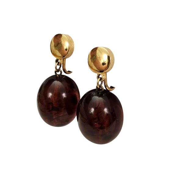 Trifari Gold Tone Clip On Brown Lucite Marbled Drop Dangle Earrings, Signed