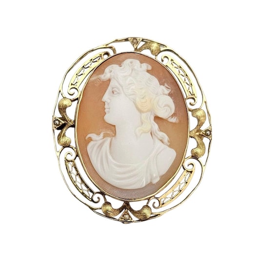 10K Yellow Gold Cameo Left-Facing Lady's Profile Seed Pearl Brooch Pendant