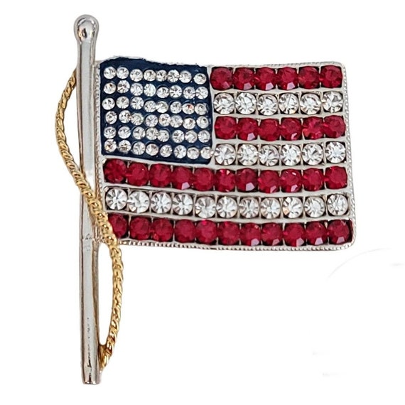 KJL Kenneth Jay Lane Silver Tone Red White Rhinestone US Patriotic Flag Brooch Pendant, Signed K275