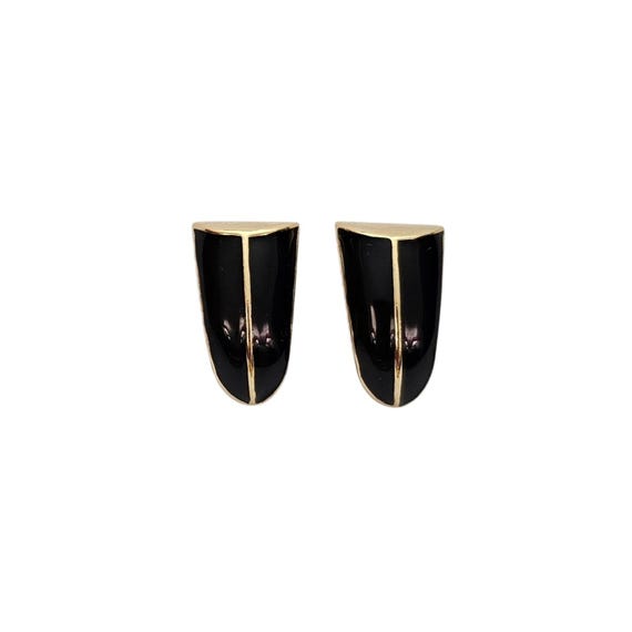 Trifari Black Enamel Gold Tone Clip On Earrings Signed, J640