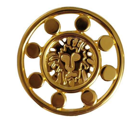 Anne Klein Gold-Tone Round Medallion Style Signature Lion Brooch Pin E17