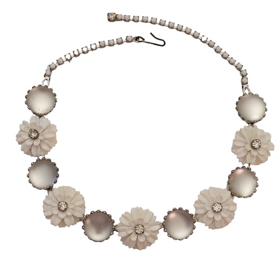 Vintage Silver Tone White Rhinestone Acrylic Flowers Clear Glass Moonstone Cabochon Choker Necklace E885