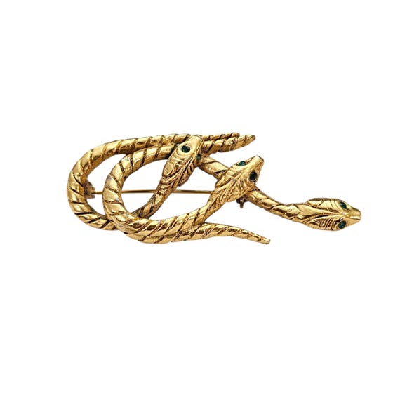 Gold Tone Snake Trio Brooch Vintage Green Rhinestone Pin