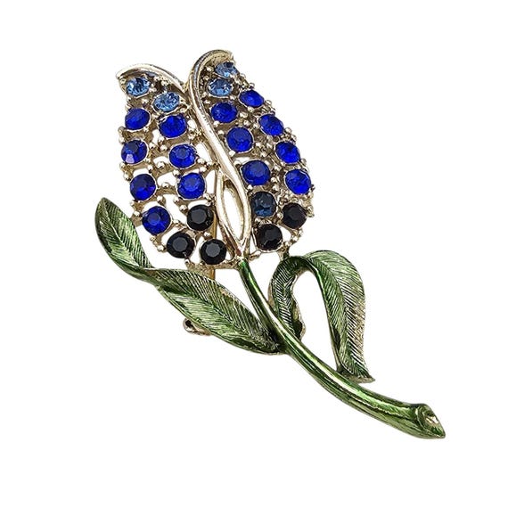Blue Rhinestone Vintage Flower Brooch 1940s-50s Tulip New Old Stock Pin