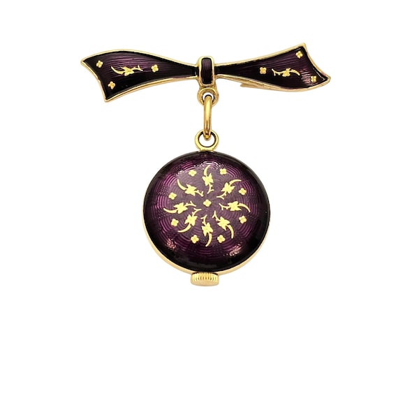 Purple Guilloche Enamel Bow Bar Brooch Sinex Automatic Swiss Clock Dangle C777