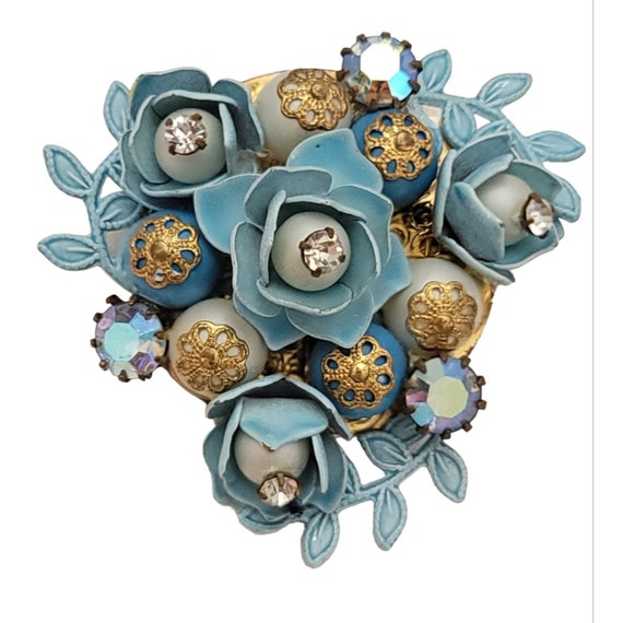 Vintage Blue Enamel Metal Wired Brass Cap Faux Pearl Flower Rose Montee Brooch  K223