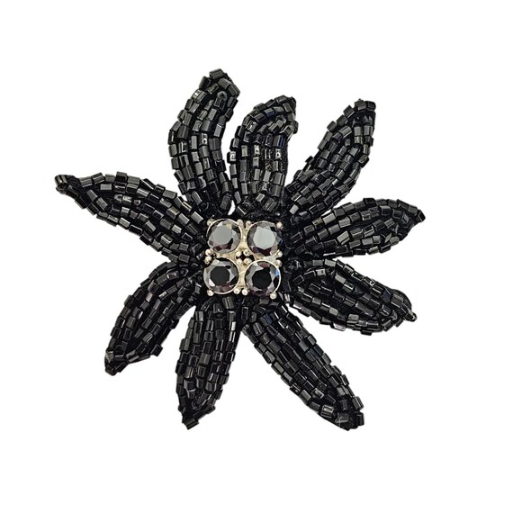 Kenneth Cole Black Glass Tube Seed Bead Rhinestone Flower Brooch, Signed L825