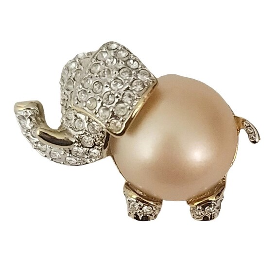 KJL Silver Tone Clear Rhinestone Pink Faux Pearl Belly Elephant Pin, Signed