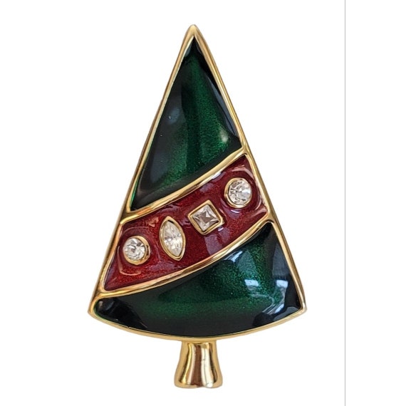 Gold Tone Green Enamel Clear Rhinestone Christmas Tree Brooch, K236
