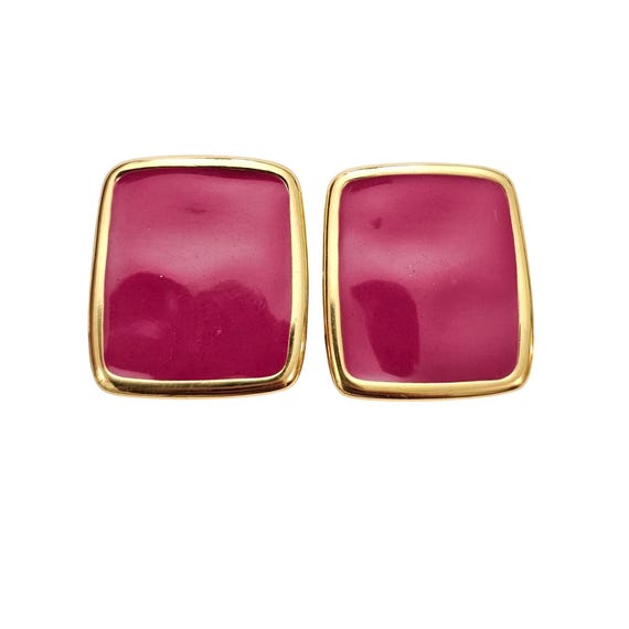 Monet Square Clip On Dark Pink Hammered Clip On Wavy Earrings Signed, C905