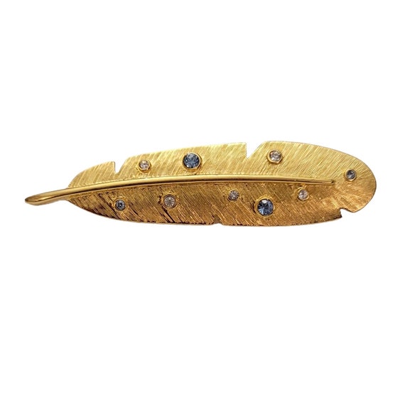 Monet Gold Tone Blue & Clear Rhinestone Feather Brooch Pin, Signed E857