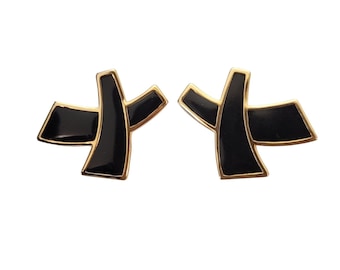 Monet Vintage Black Enamel Asian X Letter Clip On Earrings, Signed E767