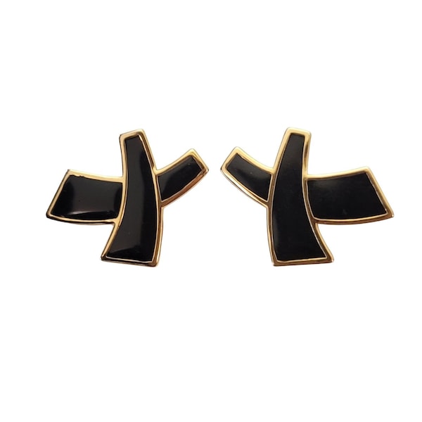 Monet Vintage Black Enamel Asian X Letter Clip On Earrings, Signed E767