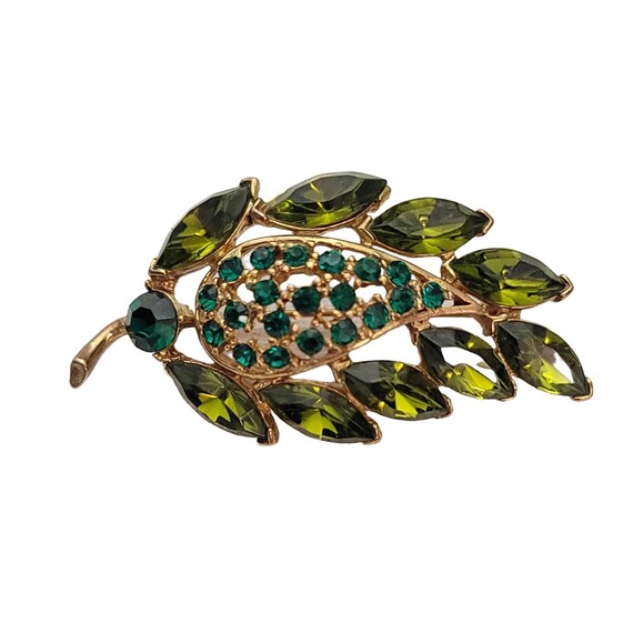 M JENT Vintage Green Rhinestone Slammed Leaf Brooch Pin, Signed E899