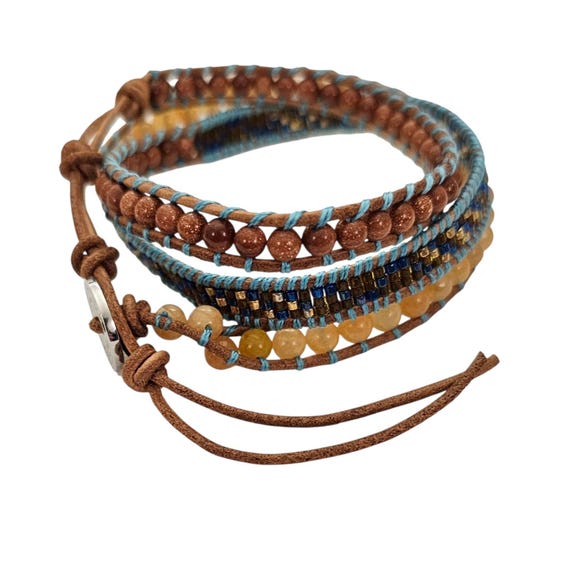 Victoria Emerson Yellow Brown Stone, Bead Leather Wrap Bracelet