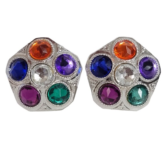 Silver Tone Gilt Style Star Multi Color Plastic Clip-On Earrings E105