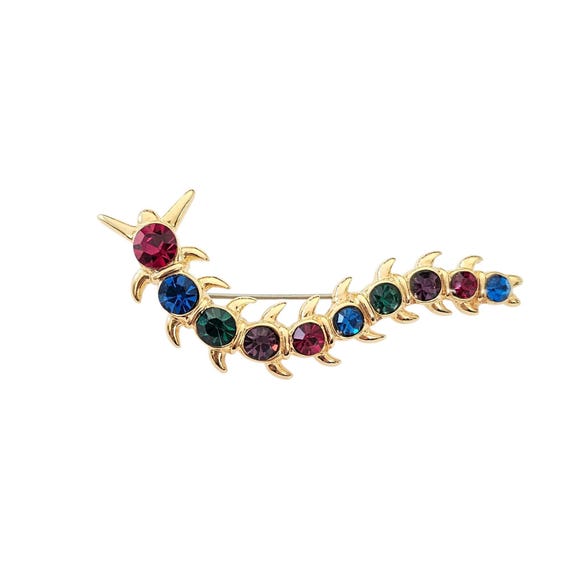 Gold Tone Vintage Centipede Brooch Multicolor Rhinestone Pin