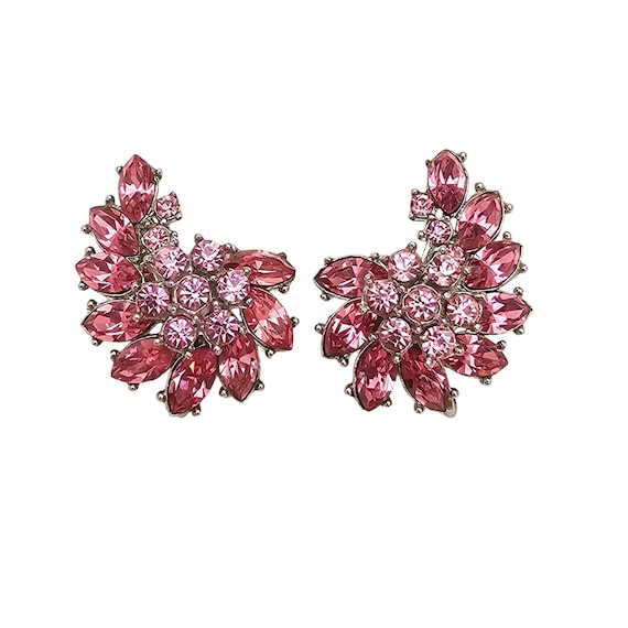 Trifari Clip On Pink Rhinestone Cluster Earrings Signed, C774