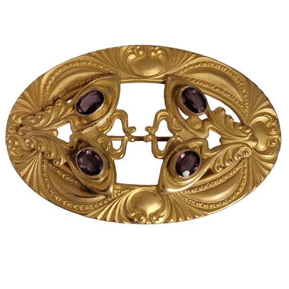 Gold Tone Victorian Style Purple Faceted Rhinestone Sash Pin E86