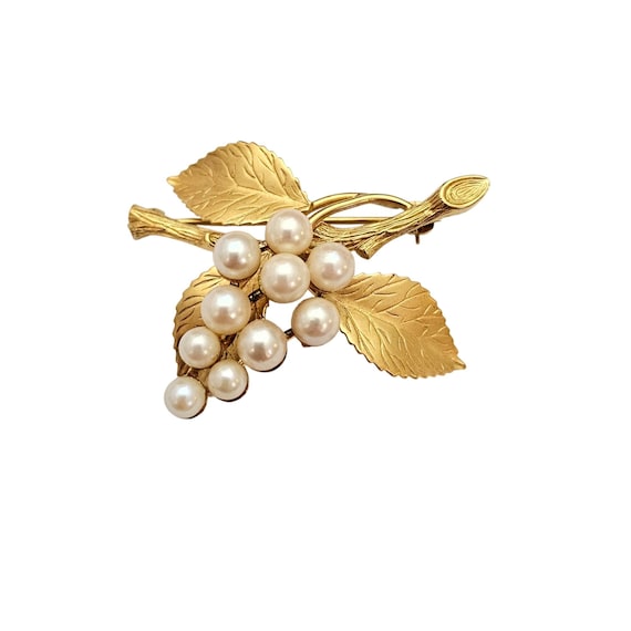 Charles Reis 12K GF Grape Leaf Vine Brooch Cluster Genuine Pearl Pin Signed J711