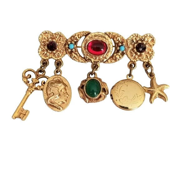 Gold Tone Rhinestone, Cabochon Locket, Key Chatelaine Dangle Brooch, M14