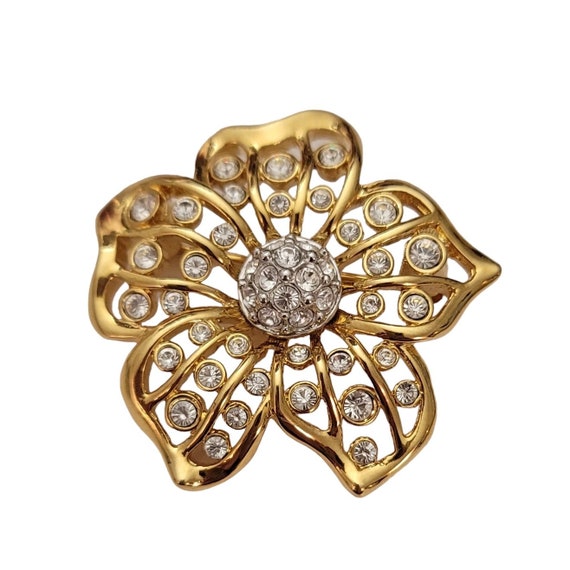 Swarovski Swan Loo Gold Tone Clear Crystal Pave Ball Center Open Flower Brooch Pin E776
