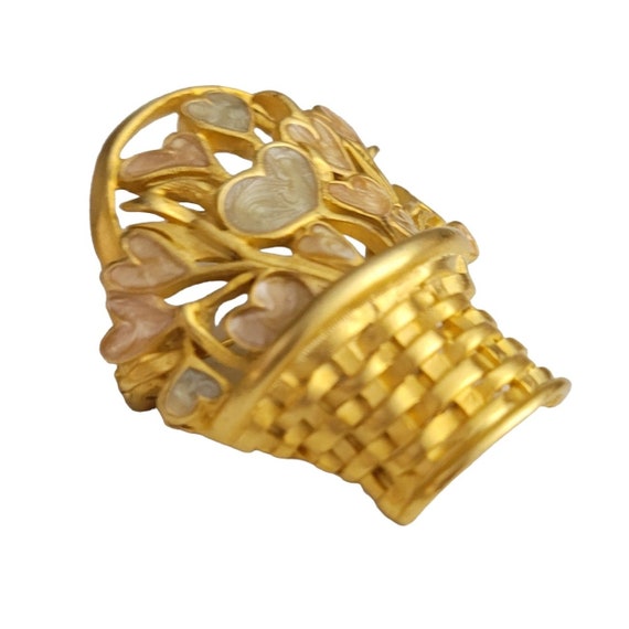 Gold Tone Enamel Basket Of Heart Flowers Brooch P… - image 3