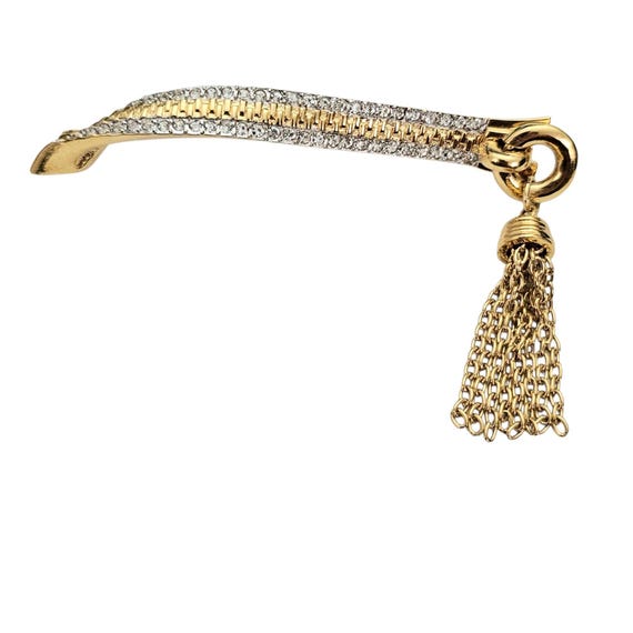 D'Orlan Modernist Rhinestone Zipper Bar Brooch With Tassel Chain Dangle, Signed