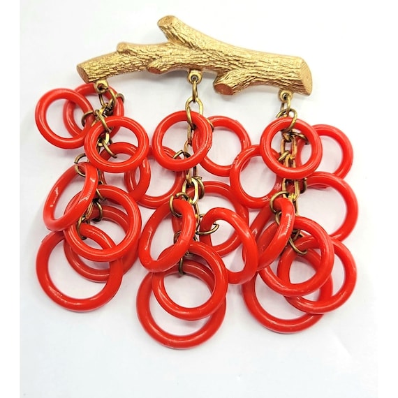 Goldtone Plastic Branch Red Ring Dangle Brooch Pin