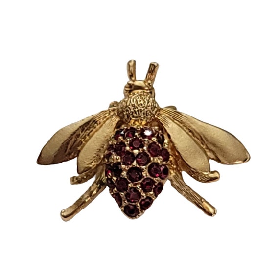 Vintage Gold Tone Red Rhinestone Fly Bug Insect Brooch Pin E911