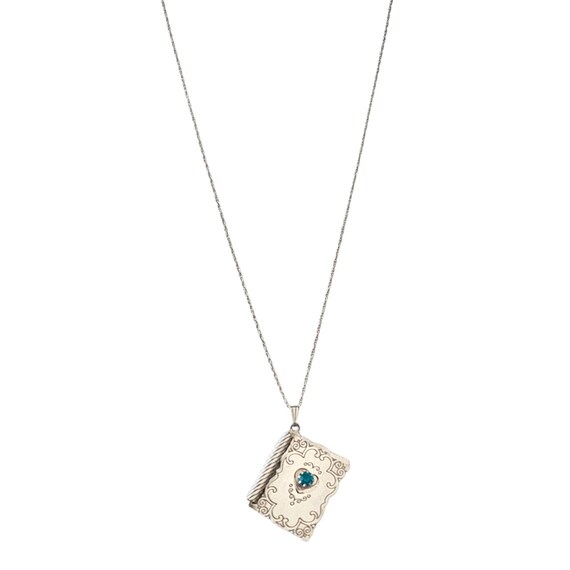 Sterling Silver Articulated Book Pendant Teal Blue Glass Stone Chain Necklace 22" Long, J36